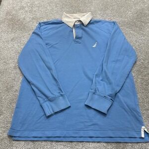 Nautica Blue Long Sleeve Polo Shirt White Collar Medium Classic Sailing Style